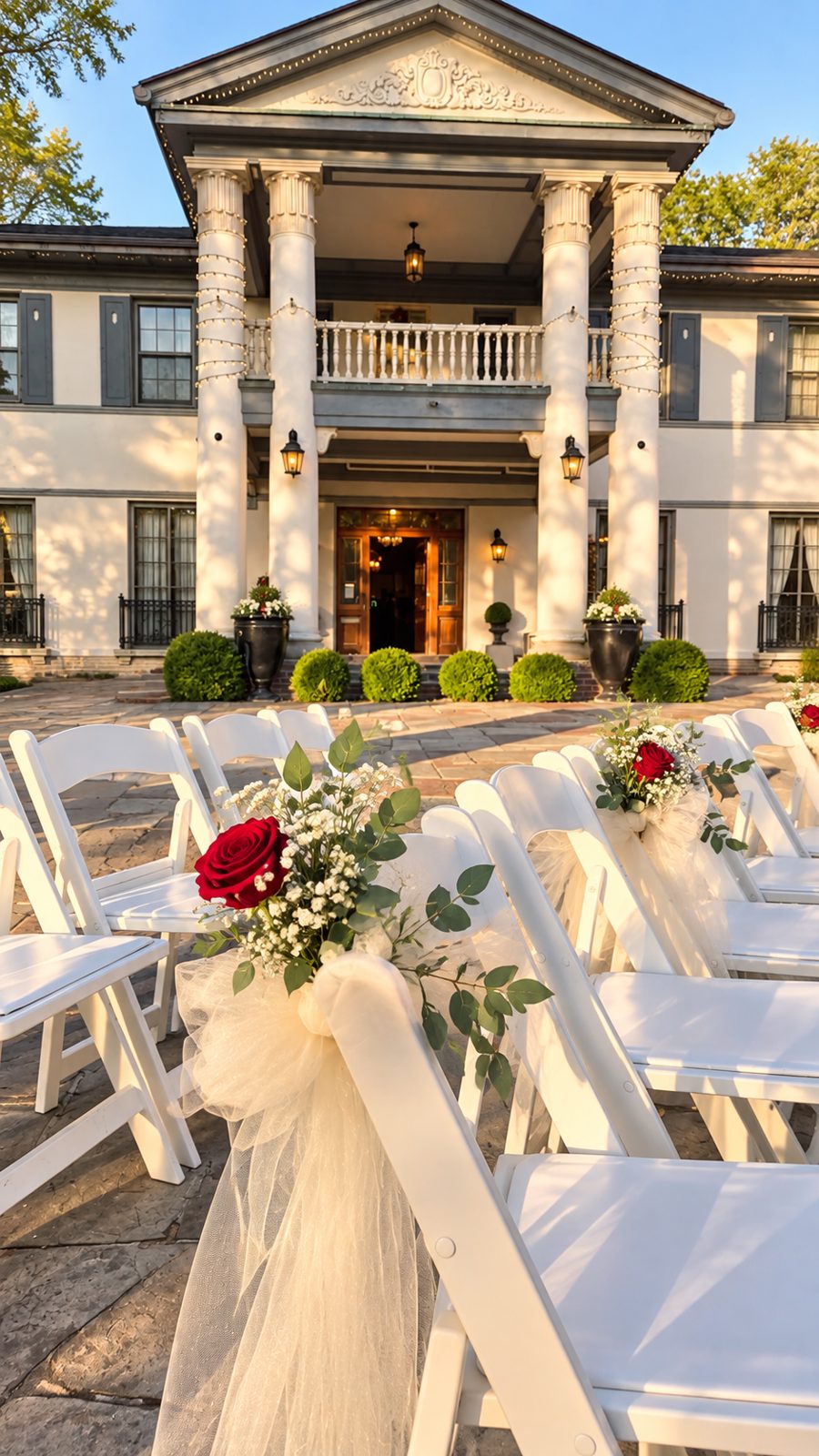 Estate courtyard ceremony aisle with white chairs, tulle and red rose accents