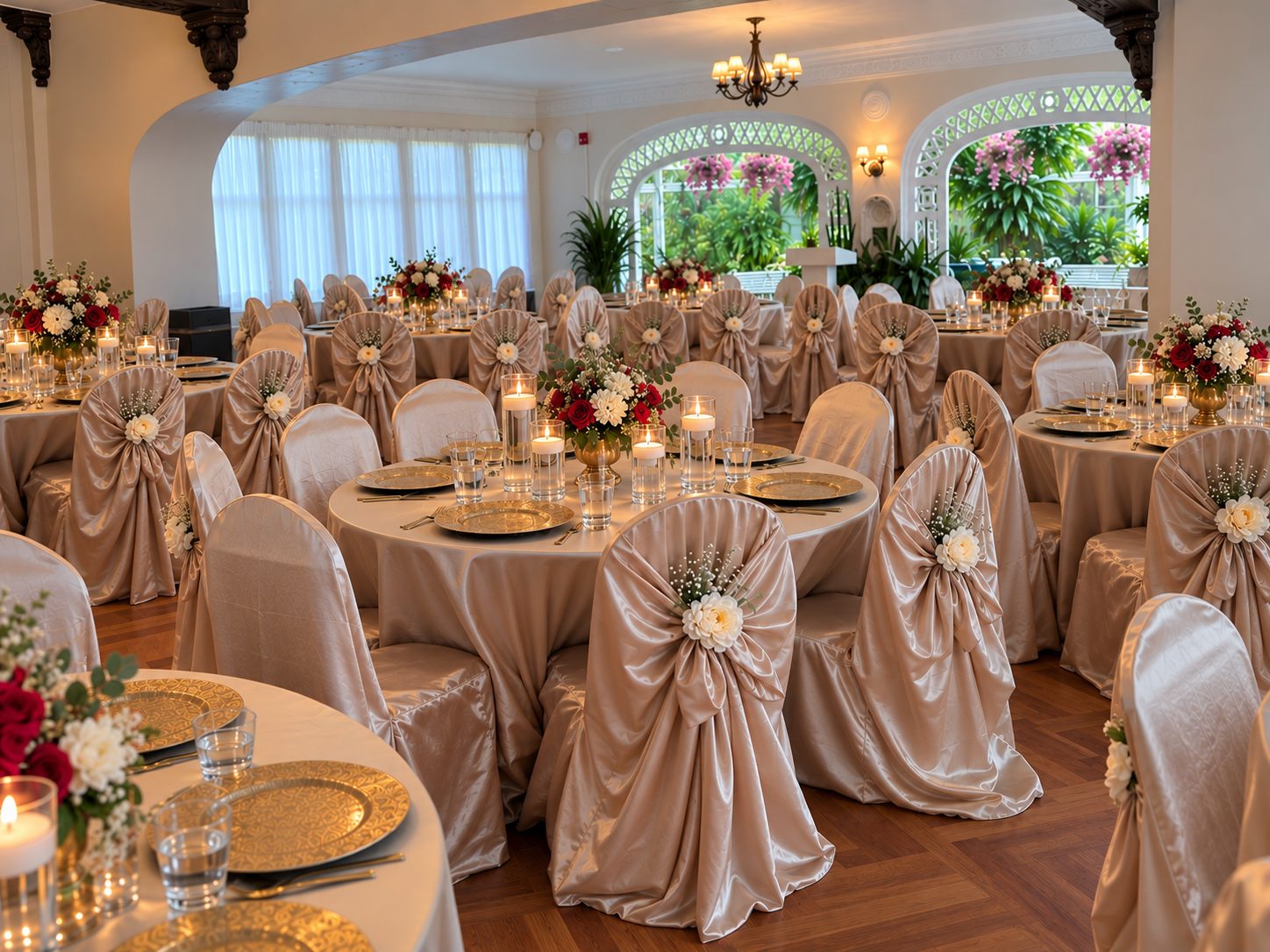 Ballroom reception with champagne satin chair covers, crimson roses and candlelight