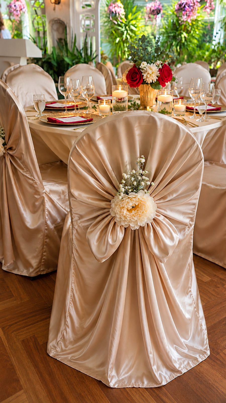 Gathered champagne satin chair back with a cream bloom and baby's breath